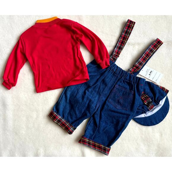 Vintage 90s K.K. Kid's Fashion 3-Piece Overall Set Unisex 6-9M Denim Plaid Bear - Picture 3 of 10